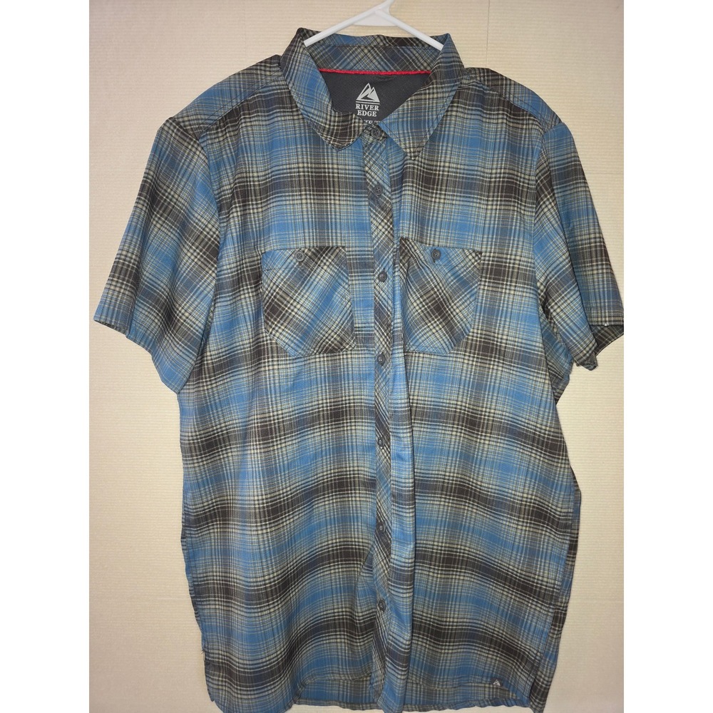 River Edge Mens XXXL Blue Brown Plaid Short Sleeve Button Down Hiking Shirt 3XL